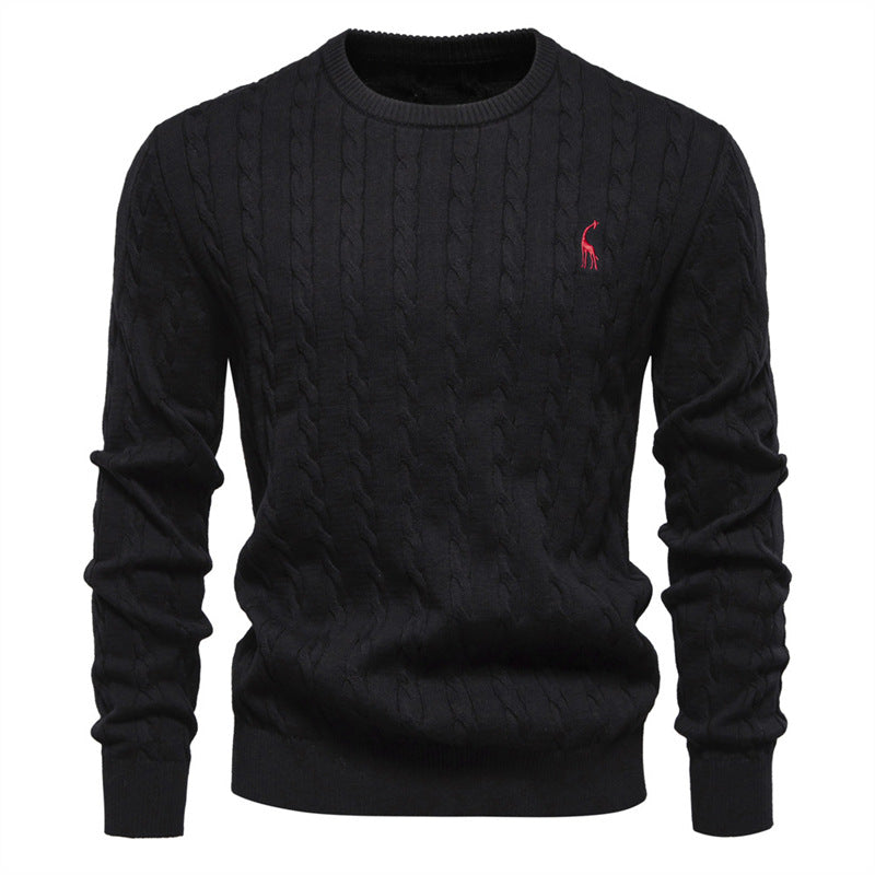 Embroidered Solid Color Knitted Sweater With Deer Pattern