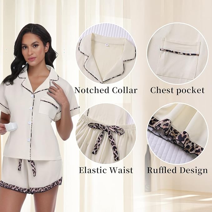 RONGTAI Summer Pajamas For Women Set Short Sleeve Button Down Leopard Pjs Lounge Sets Soft Sleepwear