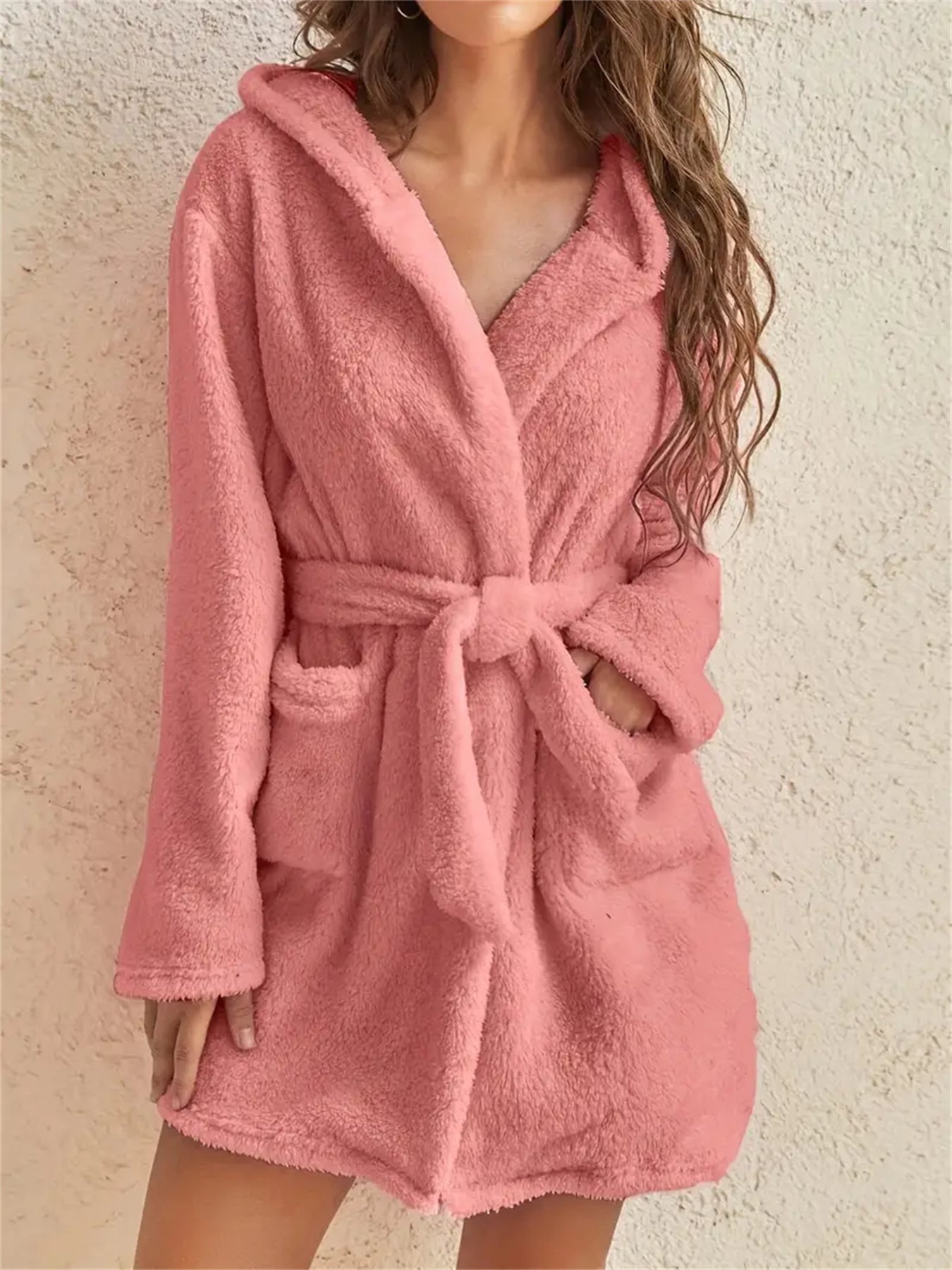 Solid Color Pockets Hooded Teddy Coat, Casual Long Sleeve Faux Fur Belted Outwear, Women's Clothing
