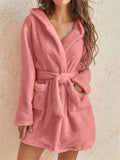 Solid Color Pockets Hooded Teddy Coat, Casual Long Sleeve Faux Fur Belted Outwear, Women's Clothing