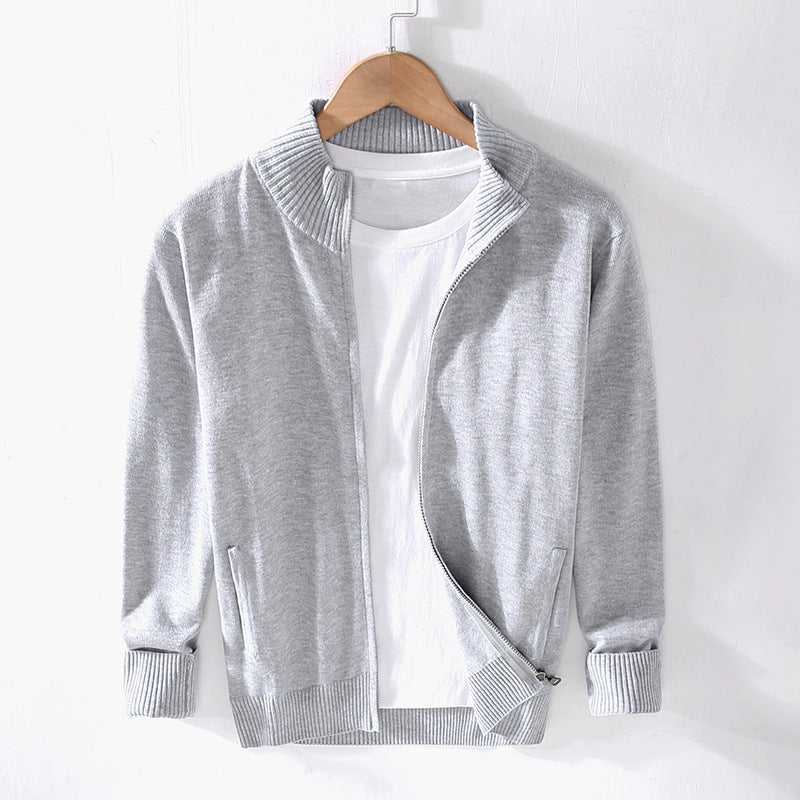 Men's Stand-Up Collar Slim-Fit Zipper Casual Solid-Color Top