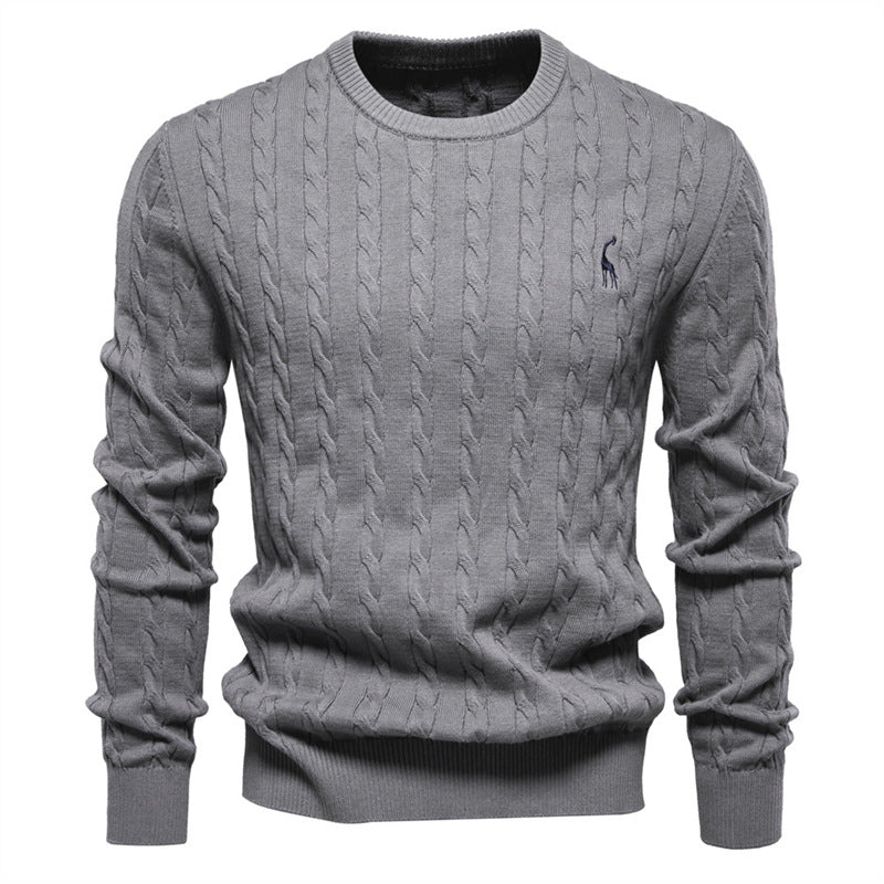 Embroidered Solid Color Knitted Sweater With Deer Pattern