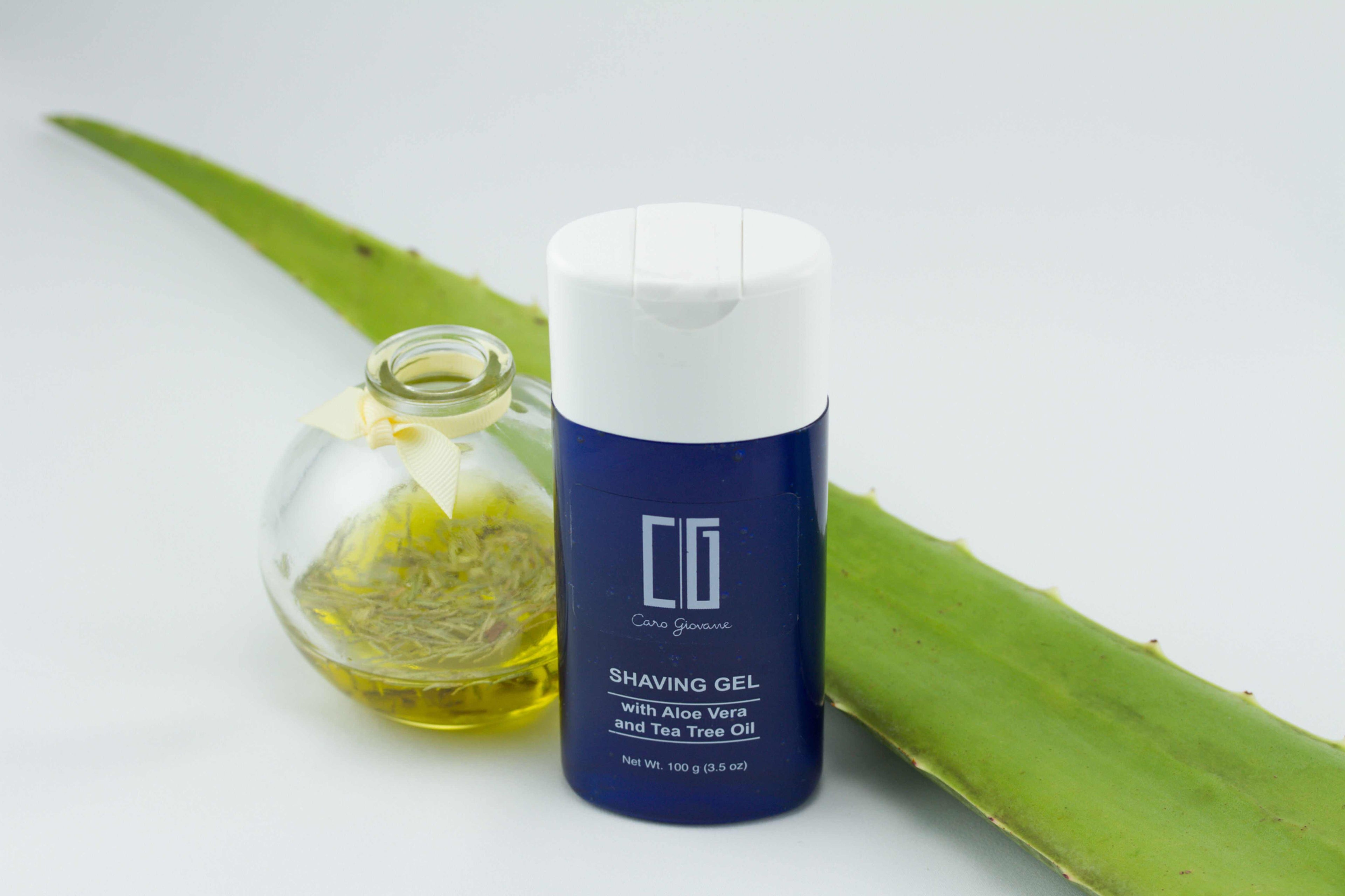 Aloe Vera and Tea Tree Oil shaving gel tube with natural ingredients and vegan label